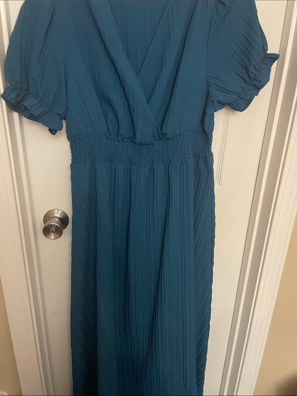 Teal Pleated V-Neck Maxi Dress